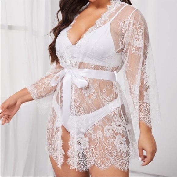 NEW•L•ISLA WHITE EYELASH DELICATE LACE ROBE W RIBBON - Picture 4 of 12